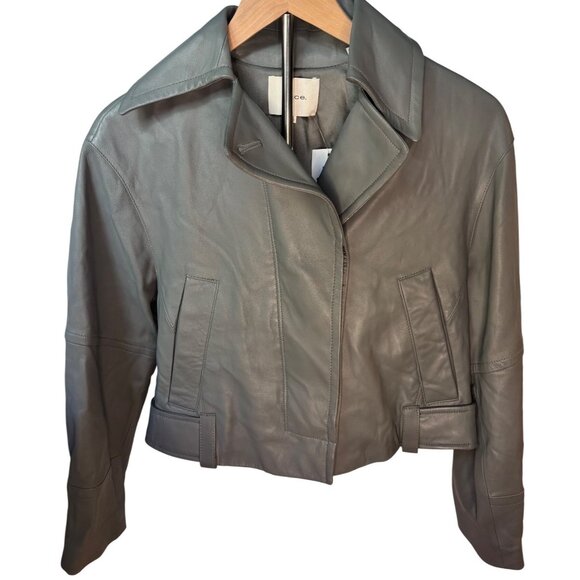 Vince Lambskin Cropped Leather Flight Jacket Muted Gray XXS Qversized New W Tags - Picture 2 of 11